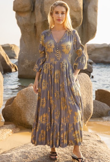 Varnish-coloured loose dress with gold-effect print, invisible pockets