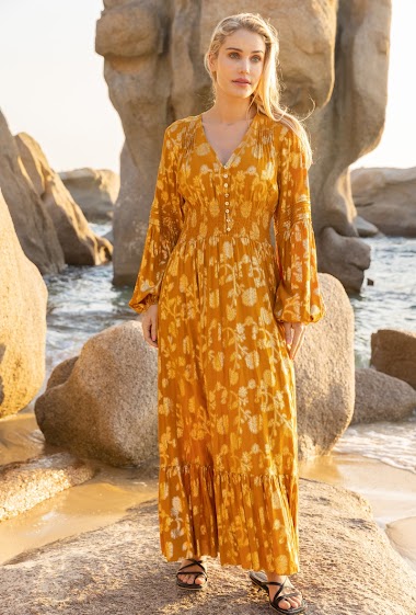 Wholesaler Last Queen - Varnish-coloured loose dress with gold-effect print, invisible pockets