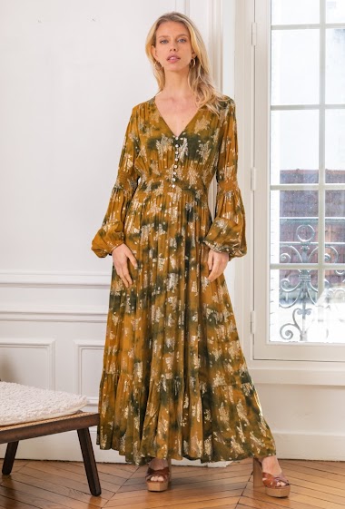 Varnish-coloured loose dress with gold-effect print, invisible pockets