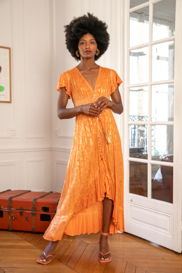 Großhändler Last Queen - Asymmetrisches Kleid mit Golddruck, V-Ausschnitt, vorne geknöpft