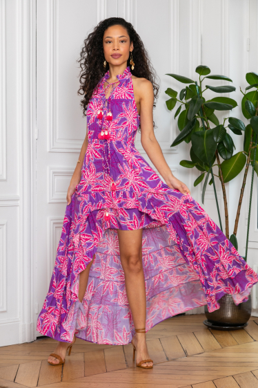 Wholesaler Last Queen - Asymmetrical dress with tropical print, flared cut with ties to tie