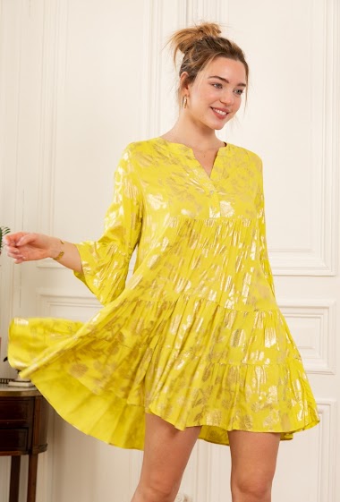 Flared V-neck tunic dress printed with gold effect