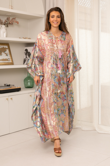 Wholesaler Last Queen - Long dress embroidered with sequins and pearls, V-neck with lining