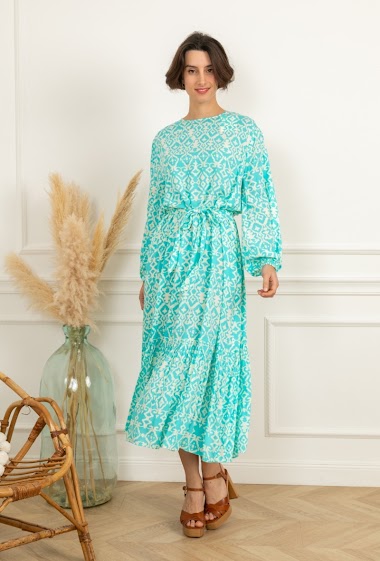 Wholesaler Last Queen - Printed belted dress with puff sleeves, invisible pockets