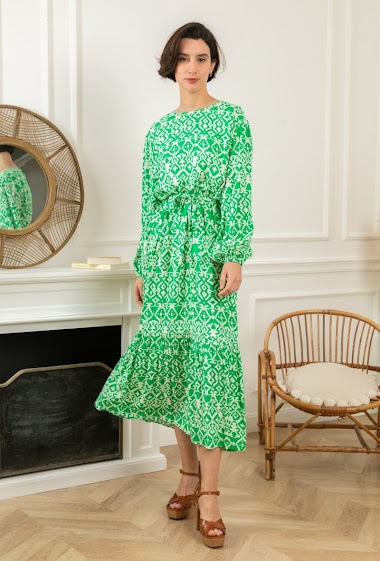 Wholesaler Last Queen - Printed belted dress with puff sleeves, invisible pockets