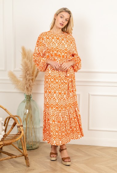 Printed belted dress with puff sleeves, invisible pockets
