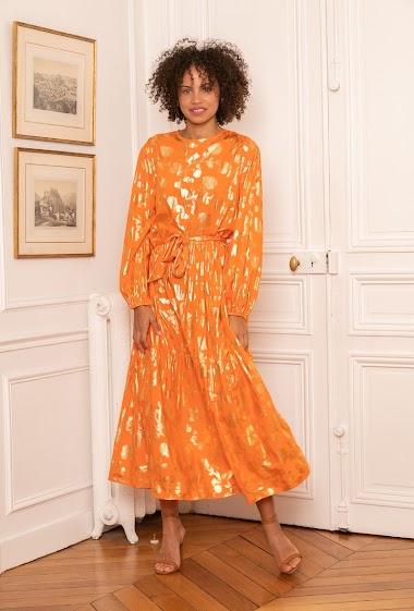 Wholesaler Last Queen - Belted dress with puff sleeve print and gold effect