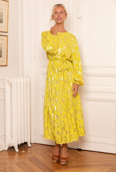 Wholesaler Last Queen - Belted dress with puff sleeve print and gold effect