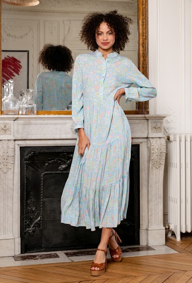 Wholesaler Last Queen - Gathered Loose Fit Printed Shirt Dress