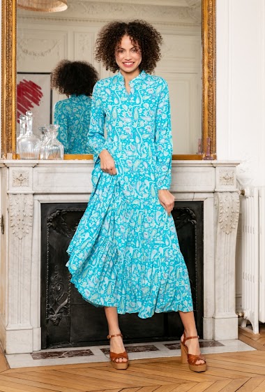 Wholesaler Last Queen - Gathered Loose Fit Printed Shirt Dress
