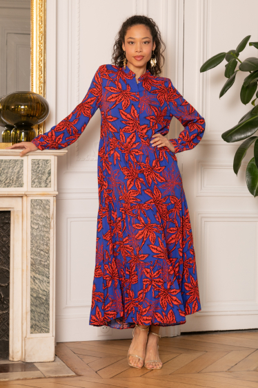 Wholesaler Last Queen - Floral printed shirt dress with gathers, V neckline with bontonnes