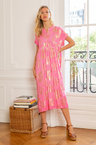 Wholesaler Last Queen - Long shirt dress, flared cut, buttoned front, printed pattern with gold effect