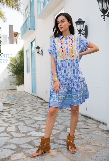 Wholesaler Last Queen - Bohemian print midi shirt dress with embroidery