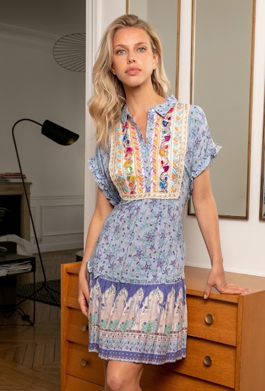 Bohemian print midi shirt dress with embroidery