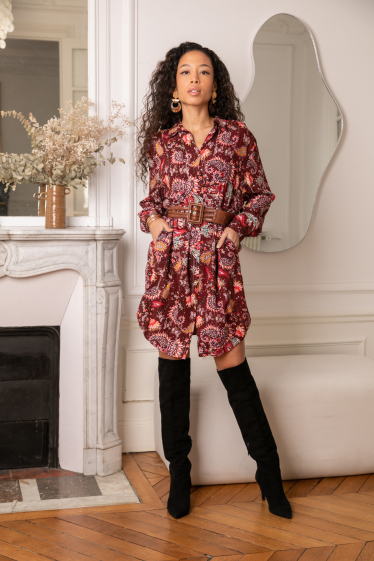 Wholesaler Last Queen - Bohemian print mid-length tunic shirt dress with invisible pockets and LUREX