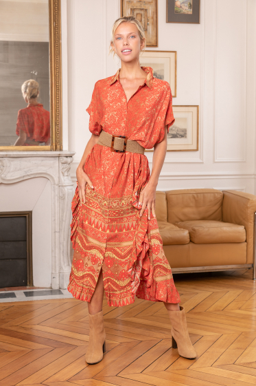 Grossiste Last Queen - Robe chemise tunique à volants et imprimé bohème avec poches invisibles