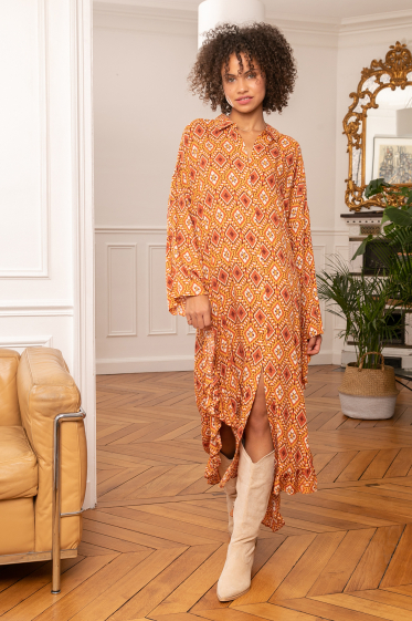 Wholesaler Last Queen - Bohemian print ruffled tunic shirt dress with invisible pockets