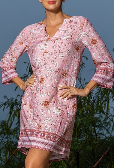 Grossiste Last Queen - Robe chemise tunique avec col V, à imprimé bohème
