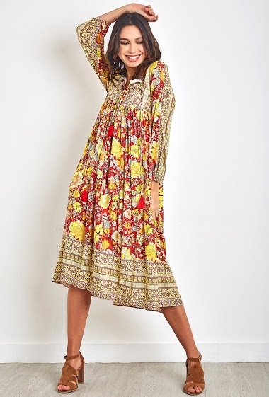 Long floral print tunic shirt dress with straps decorated with bells