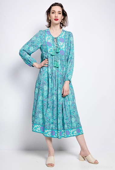 Wholesaler Last Queen - Long floral print tunic shirt dress with straps decorated with bells