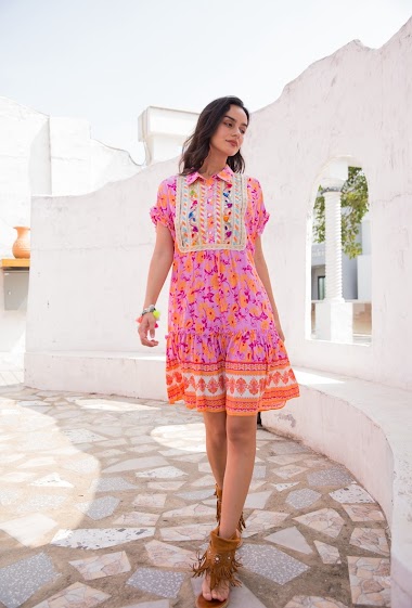 Wholesaler Last Queen - Bohemian print midi shirt dress with embroidery