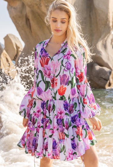 Wholesaler Last Queen - Printed mid-length floral dress, puff sleeves with elastic at the waist