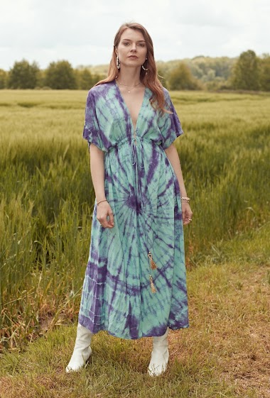 Wholesaler Last Queen - Flowing tie-dye flared dress, V-neck with tightening at the waist