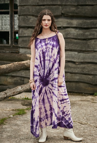 Wholesaler Last Queen - Flowing tie-dye flared dress with straps, invisible pockets