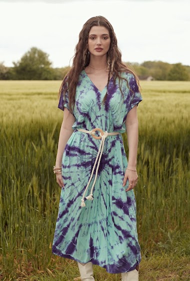 Wholesaler Last Queen - Flowing tie-dye dress, flared cut V-neck