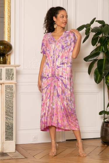 Wholesaler Last Queen - Flowing tie and dye dress, flared cut V-neck