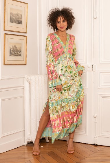 Bohemian printed ruffled dress with pompoms and gold effect