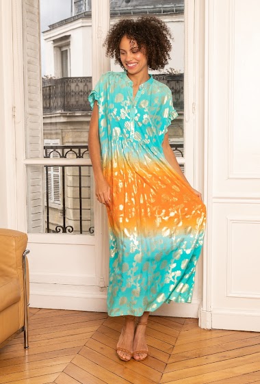 Wholesaler Last Queen - Loose fit printed dress in shaded color with gilding effect, invisible pockets