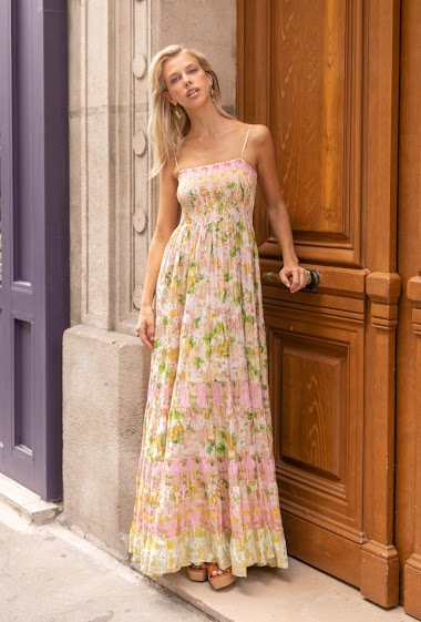Floral print dress with thin straps with gold effect