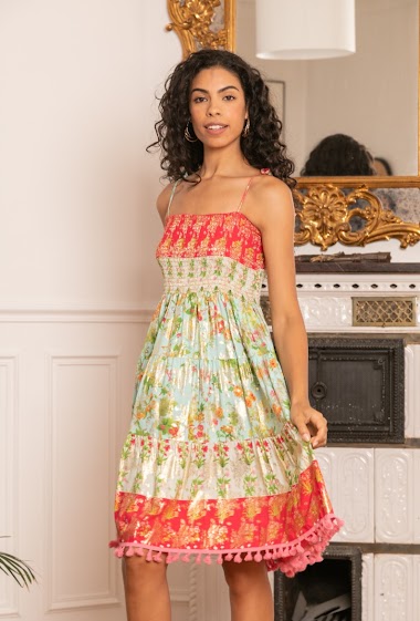 Wholesaler Last Queen - Floral print dress with thin straps with gold effect