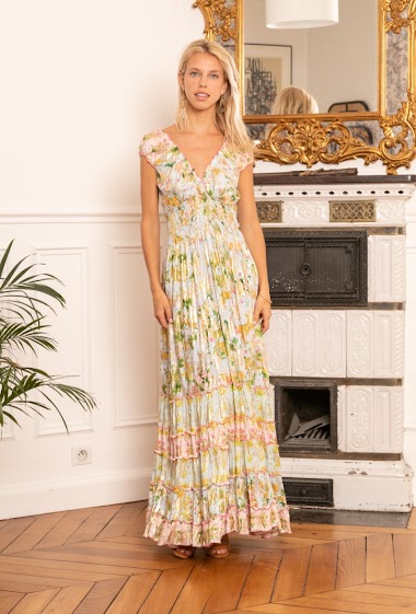 Großhändler Last Queen - Blumendruckkleid mit V-Ausschnitt, elastischer Bund mit Goldeffekt