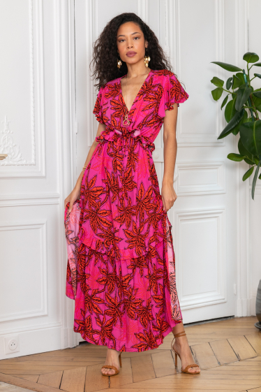 Wholesaler Last Queen - Fitted floral print wrap dress, ruffle detail