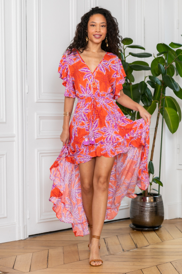 Wholesaler Last Queen - Fitted wrap-over floral print dress, ruffle detail