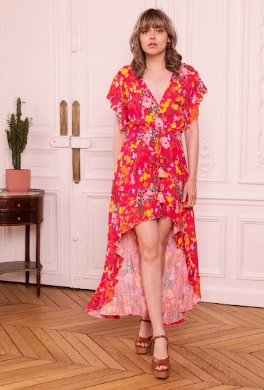 Wholesaler Last Queen - Fitted wrap-over floral print dress, ruffle detail