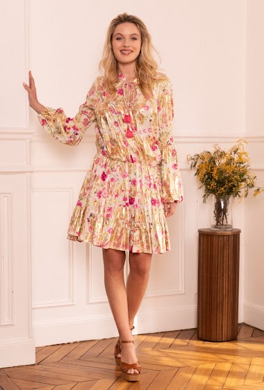 Wholesaler Last Queen - Mercerized printed mid-length dress, puff sleeves with elastic at the waist