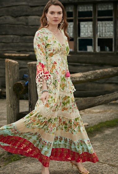 Großhändler Last Queen - Mercerisiert bedrucktes Kleid, ausgestellte Ärmel mit Pompons