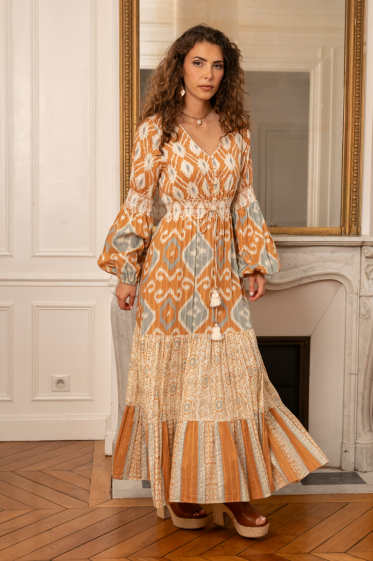 Wholesaler Last Queen - Long ethnic printed dress with Lurex, flared cut with gathers