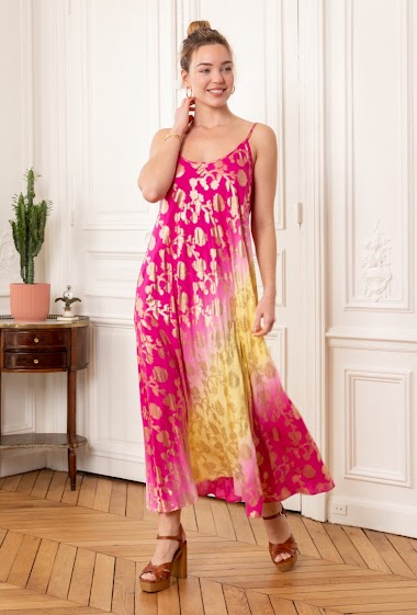 Long strappy dress with floral print with gilding effect