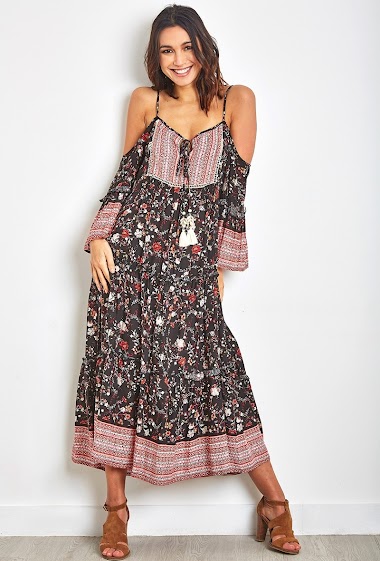 Wholesaler Last Queen - Long spaghetti strap dress with flower print, off the shoulders