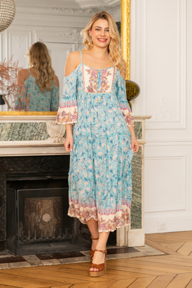 Wholesaler Last Queen - Long spaghetti strap dress with flower print, off the shoulders