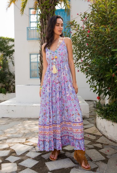 Wholesaler Last Queen - Long dress with thin straps with print and neckline.