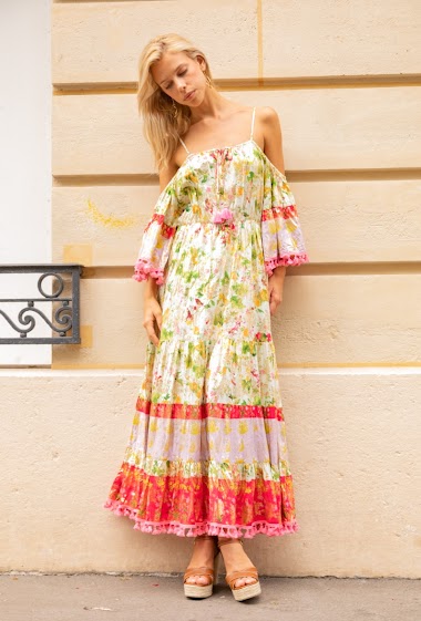 Long dress with thin straps printed with gilding effect, bare shoulders