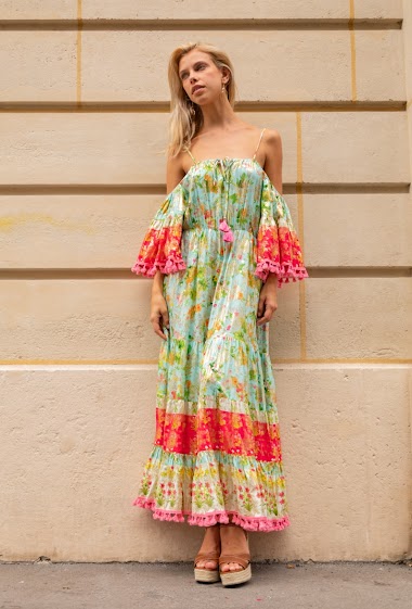 Long dress with thin straps printed with gilding effect, bare shoulders