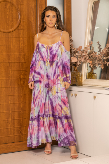Wholesaler Last Queen - Long dress with thin straps, tie and dye faded style with bare shoulders