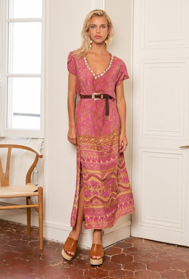 Großhändler Last Queen - Langes Kleid mit Bohemian-Print, Stickerei und unsichtbaren Taschen