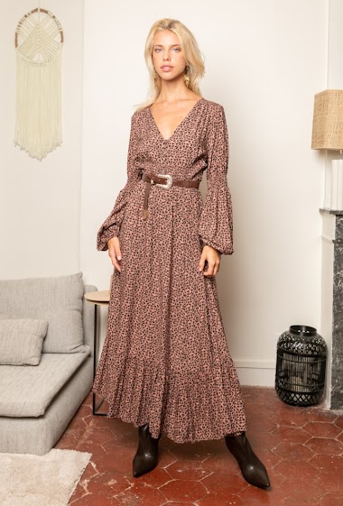 Wholesaler Last Queen - Long dress with bohemian print buttoned in front with Lurex, invisible pockets